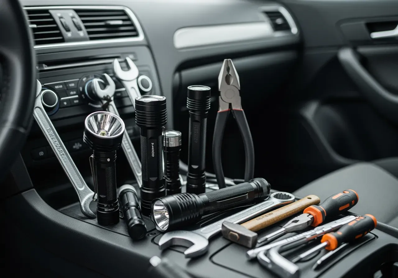 Ficklampor och handverktyg i bil