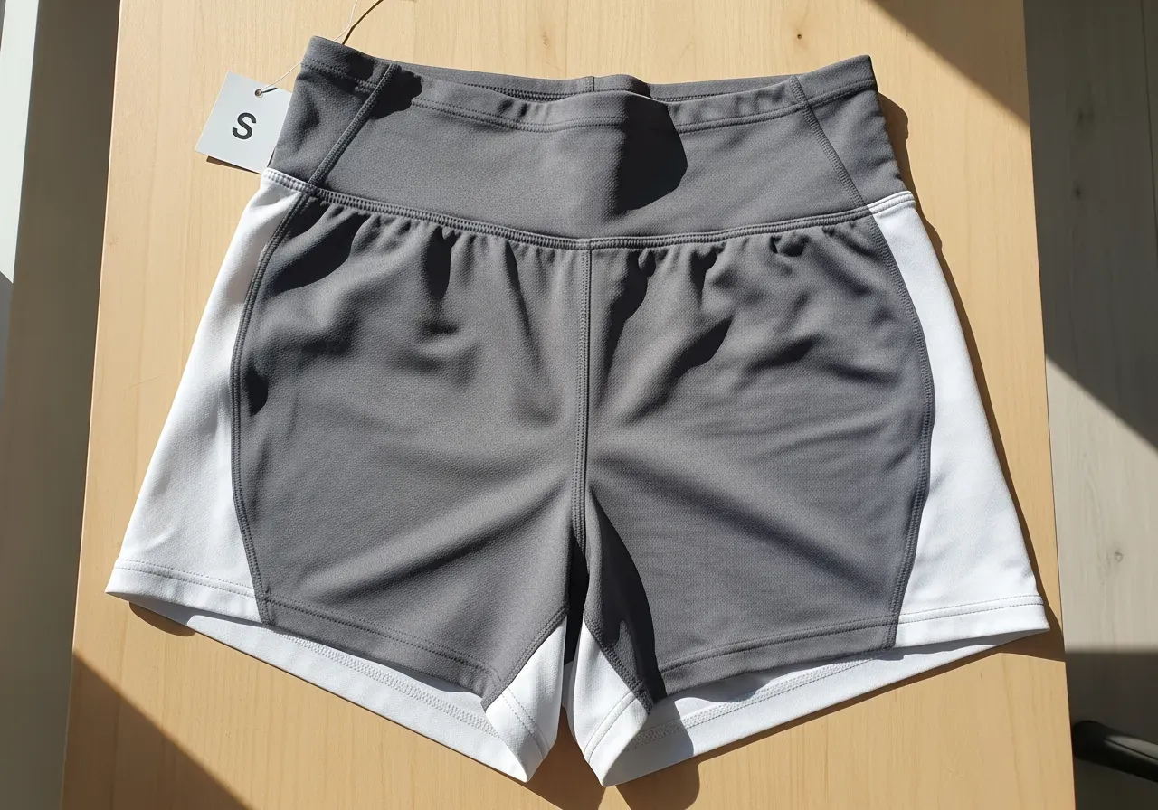 Sportshorts i polyester, hög midja och kort längd. Lämpliga för träning, S-storlek, grå-vita.