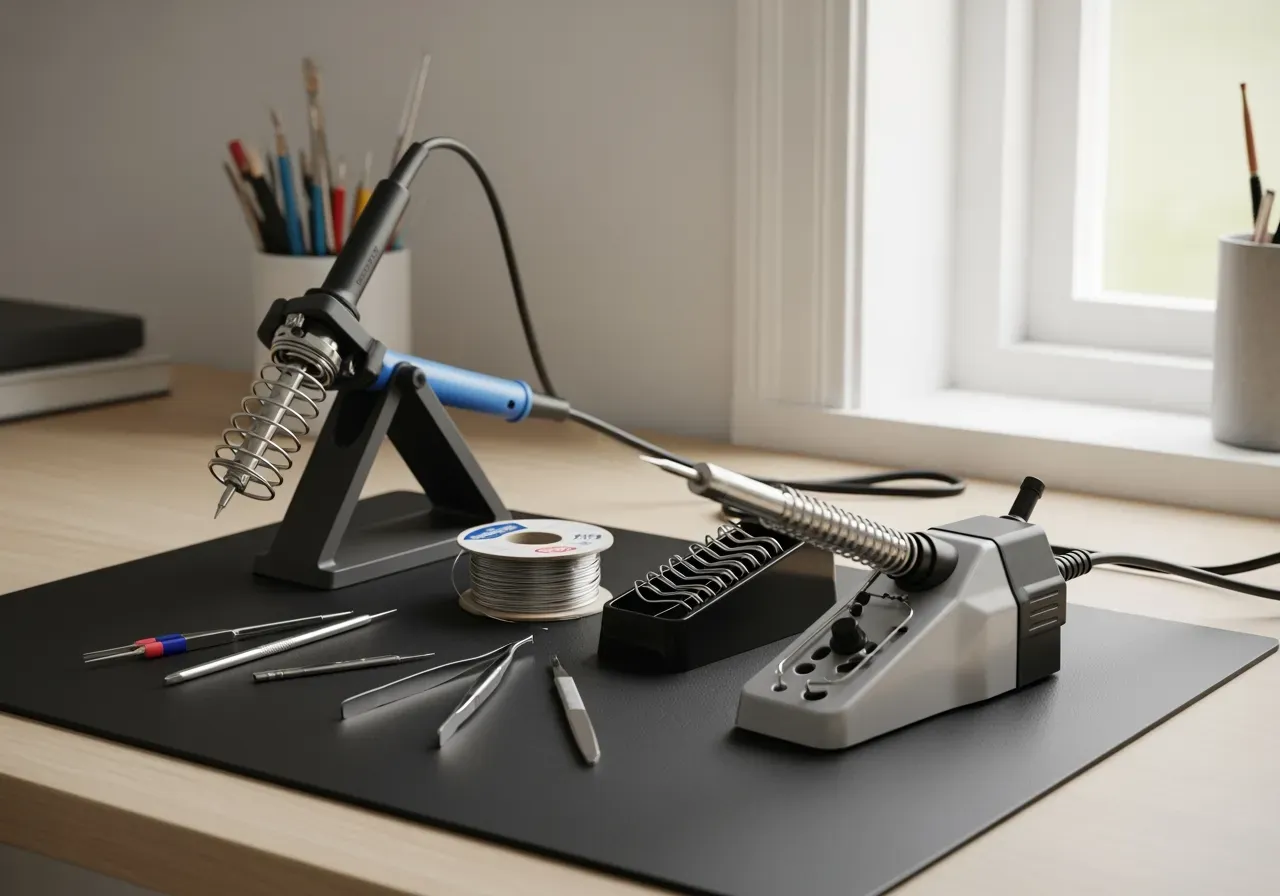 Komplett lödset med verktyg, tråd och pump för små reparationer, kablar och enkla hemmaprojekt.