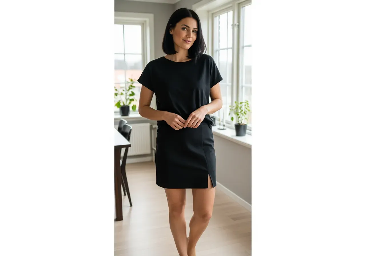 Kort svart kjol med slits, 65% polyester och 35% bomull