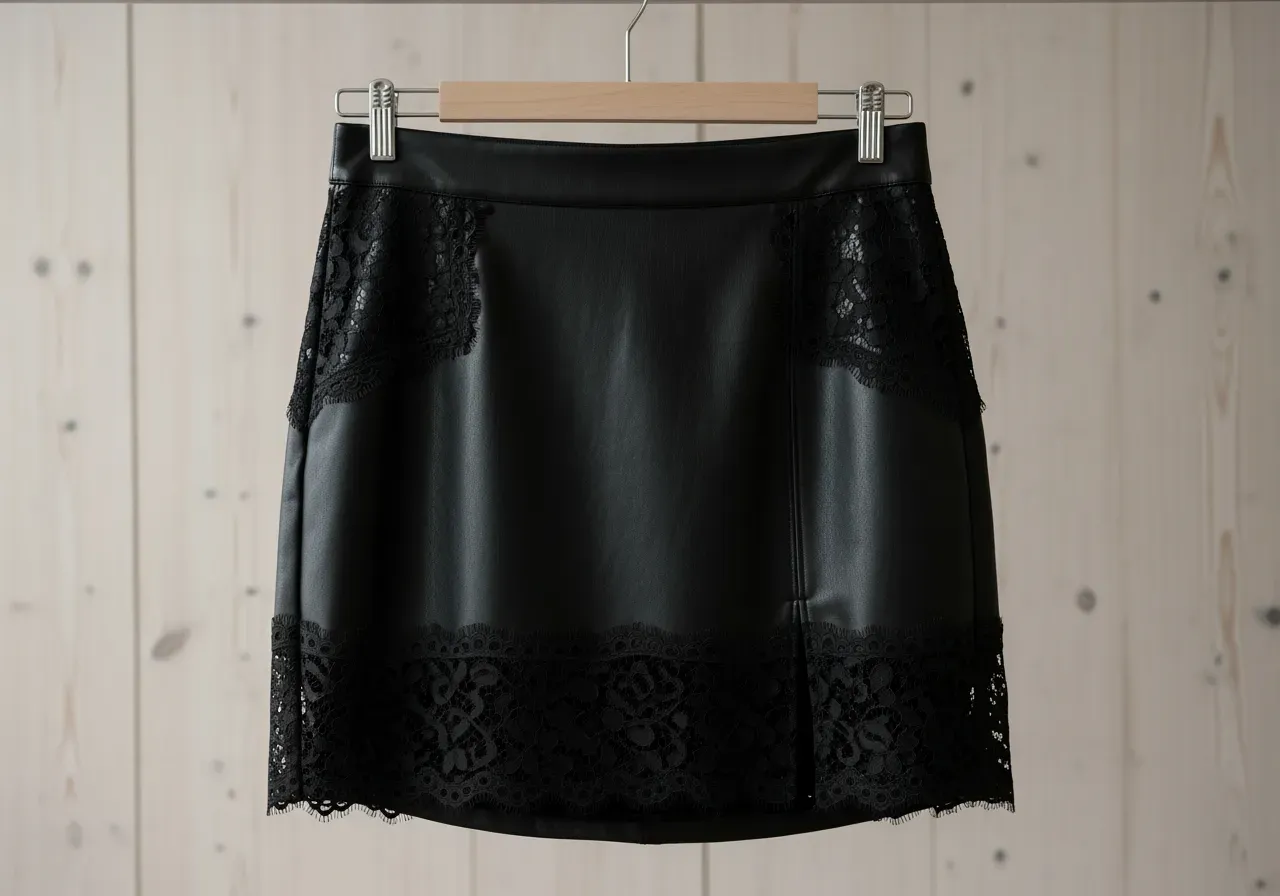 Kort kjol i eko-läder med spetsdetalj, svart, polyester/bomull, smal midja och diskret slits.