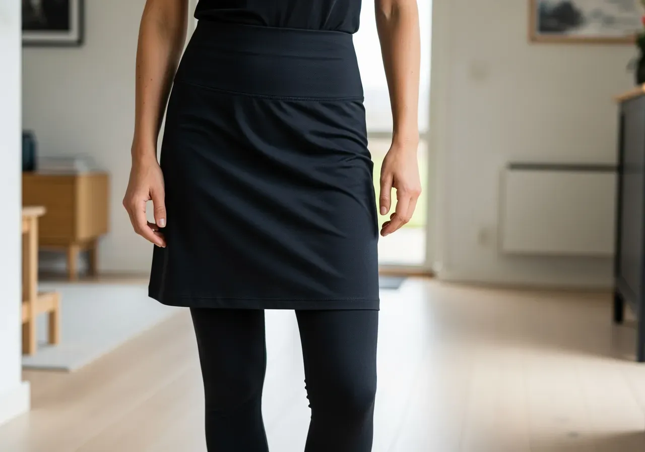 Kjol med hög midja och täckande leggings, elastisk passform för vardag och träning.