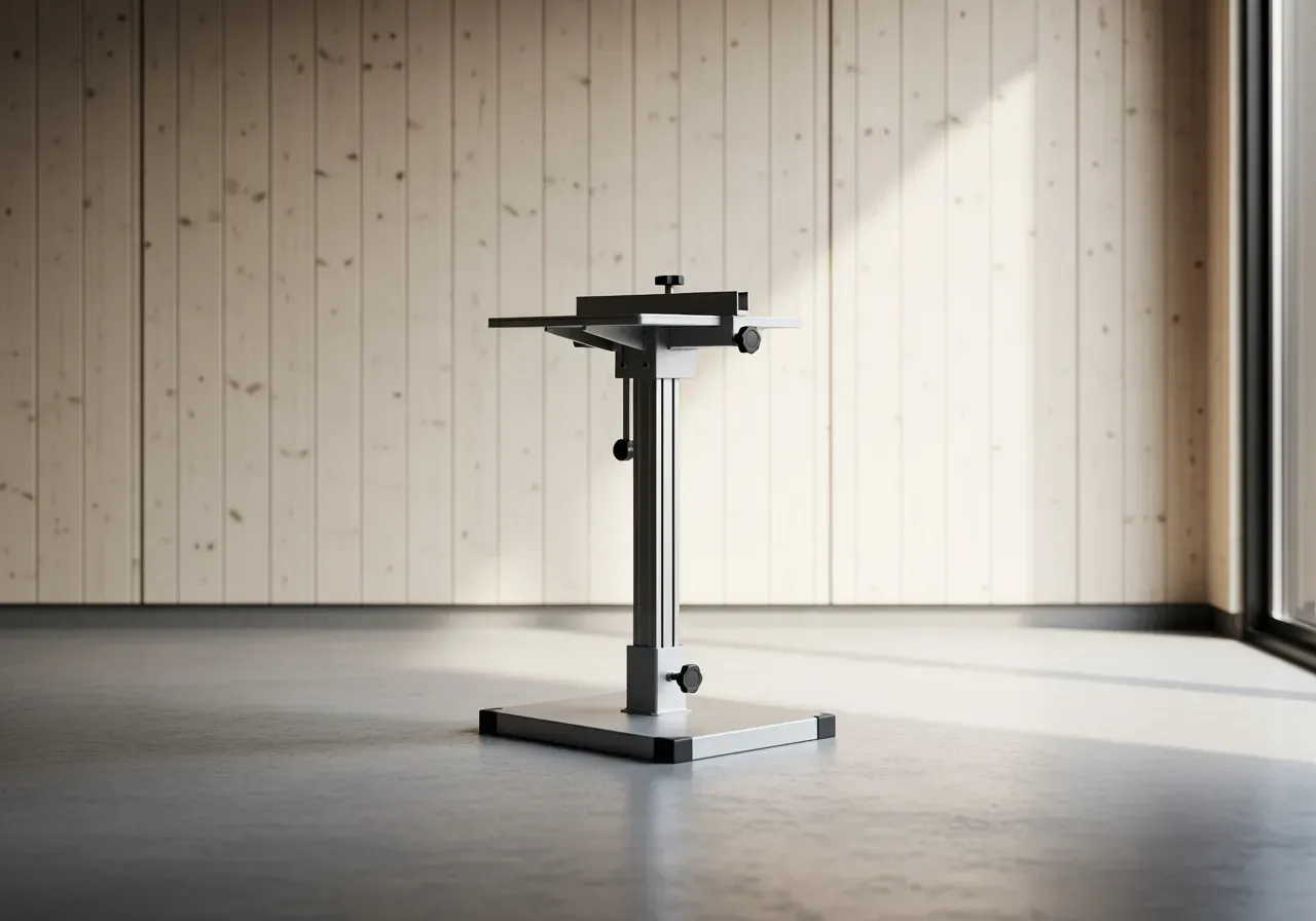 Justerbart stöd för kapning med stabil bas och metallkonstruktion, anpassas i höjd för bekvämt arbete.