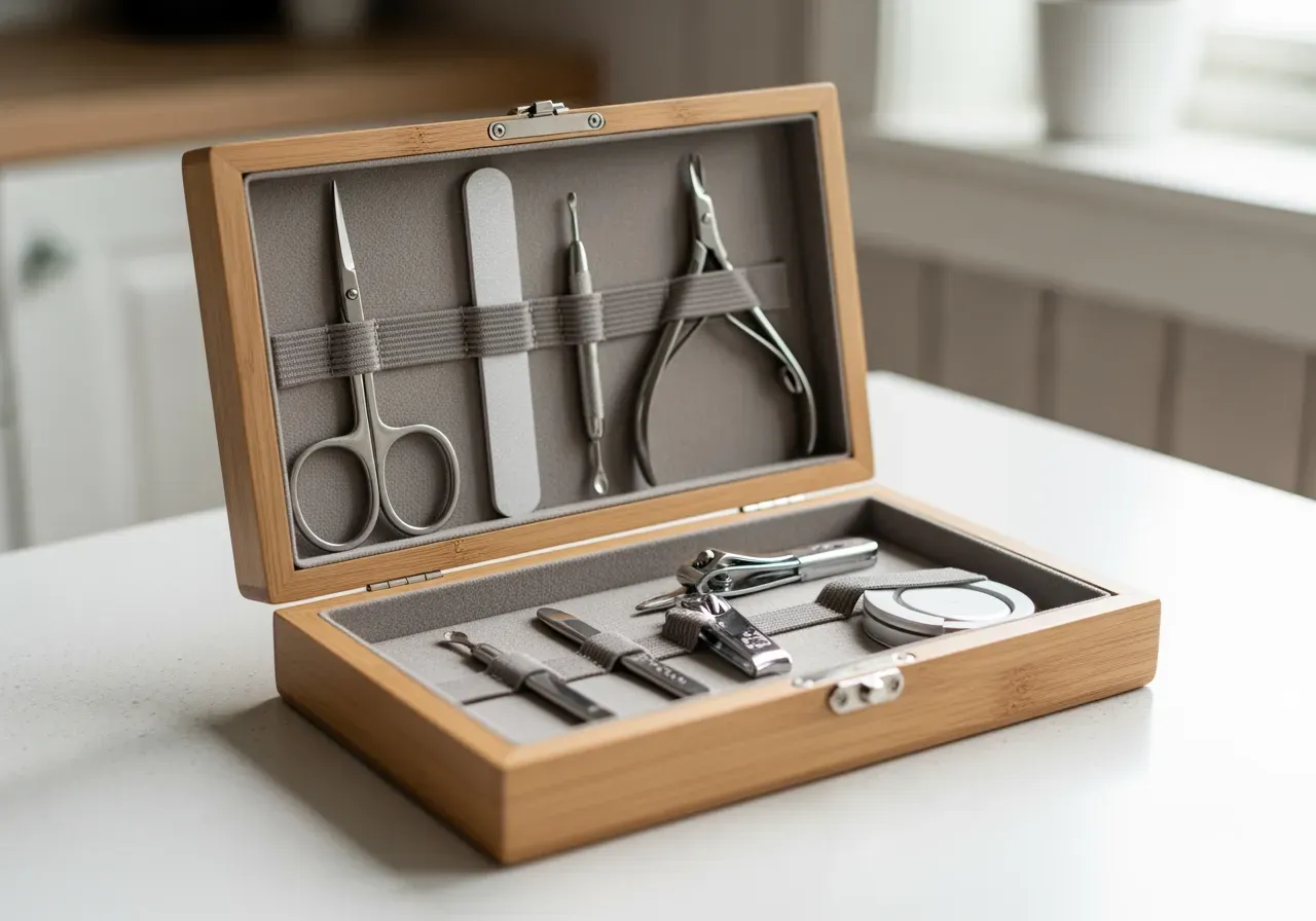 Litet set för nagel- och ansiktsvård med sax, fil, nagelklippare och verktyg i fodral.