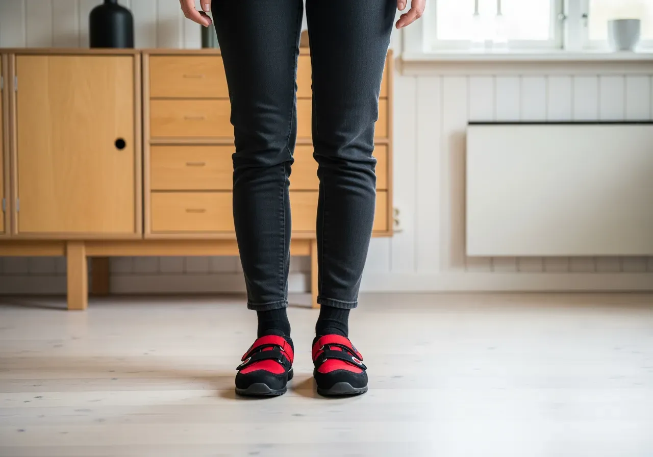 Kvinna i svart röd skor